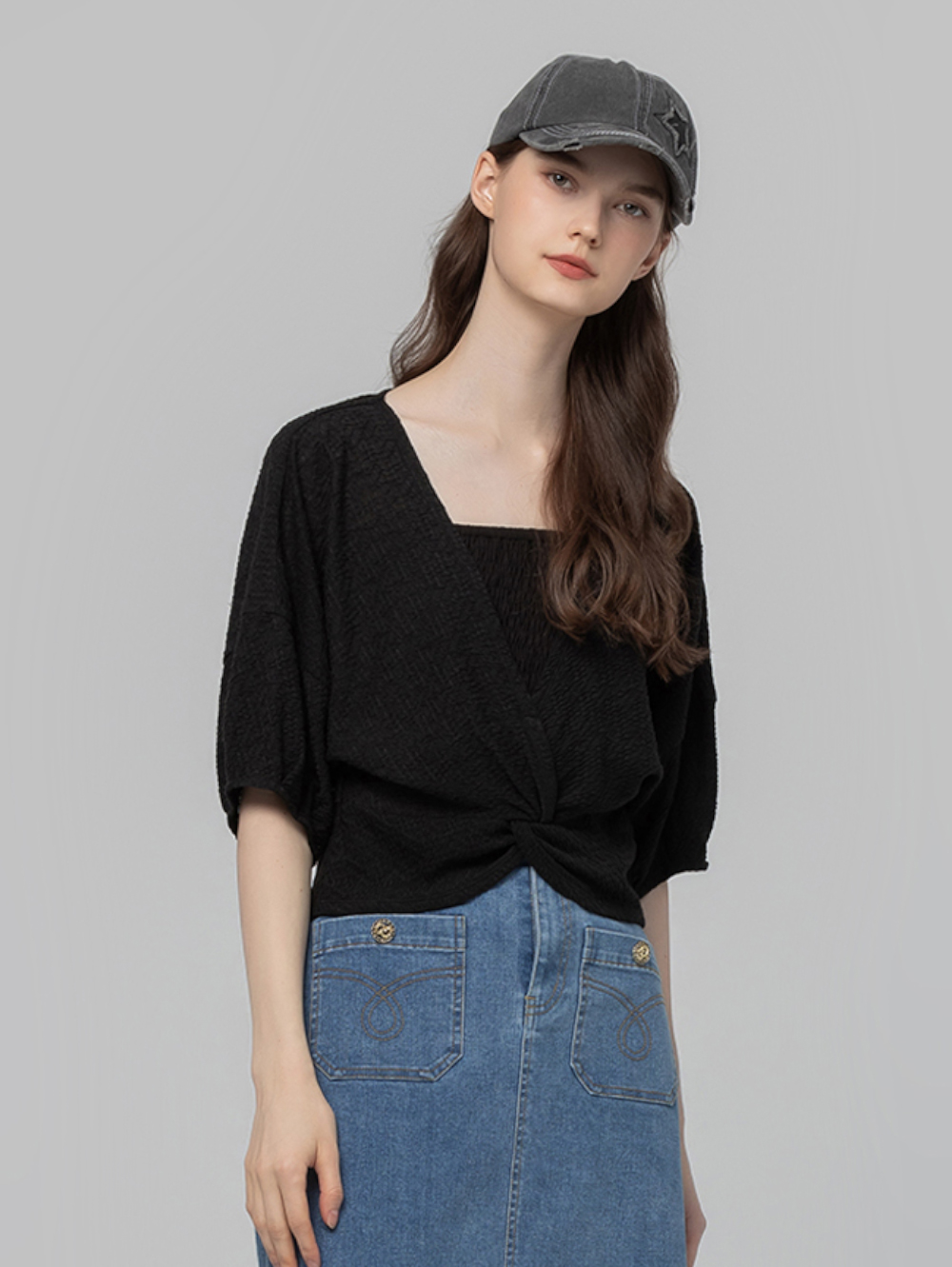 abito扭結澎袖上衣彈性背心SET