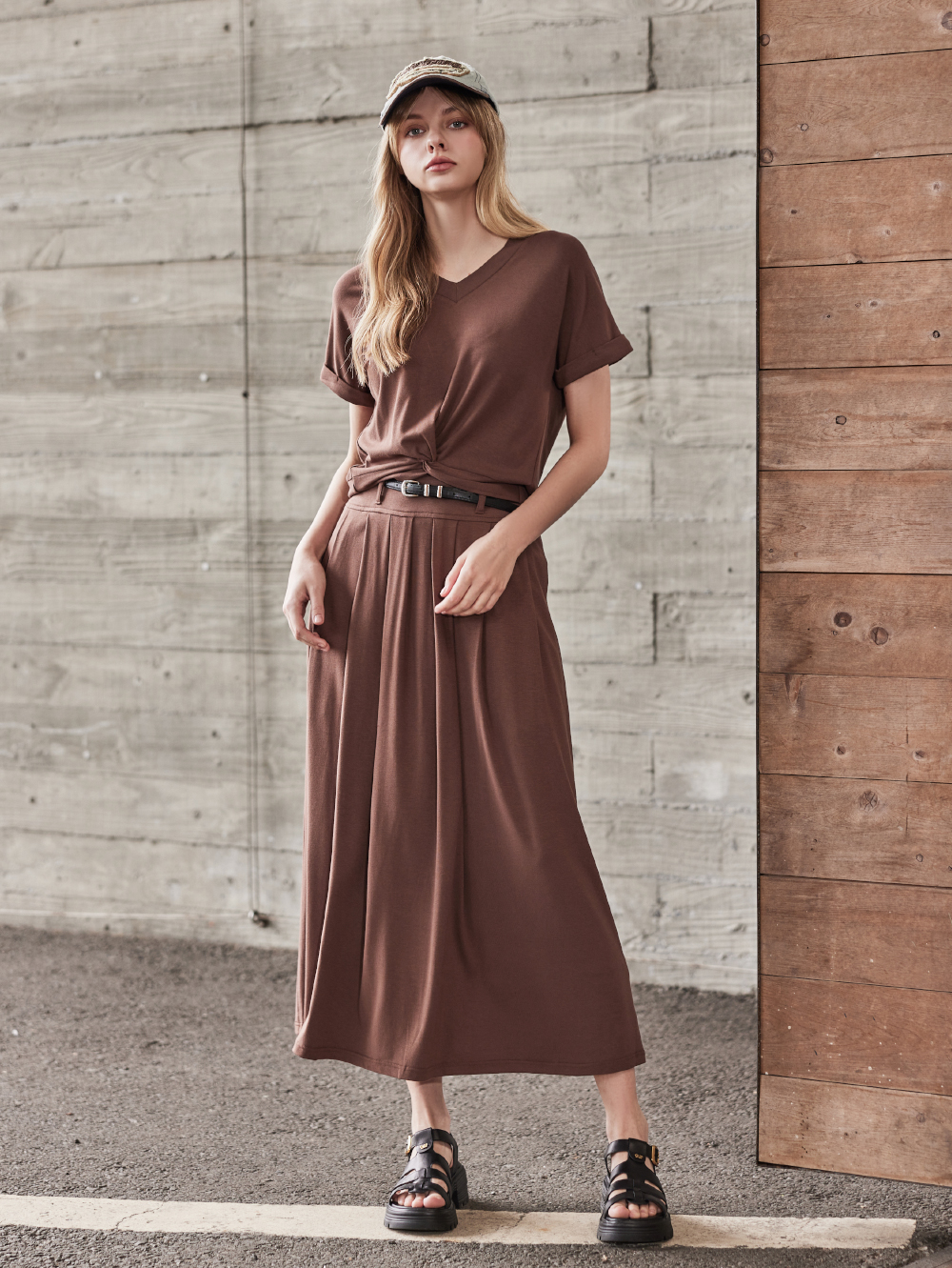 abito棉質扭結上衣百褶長裙SET