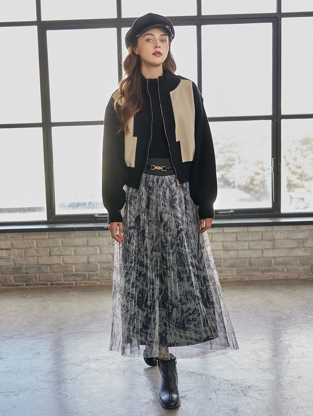 abito特殊印花細褶紗裙