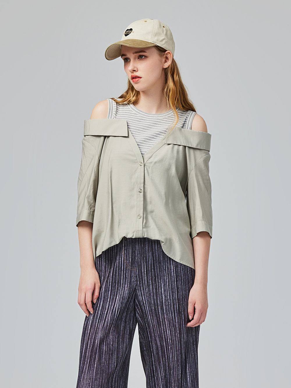 abito假兩件襯衫落肩上衣