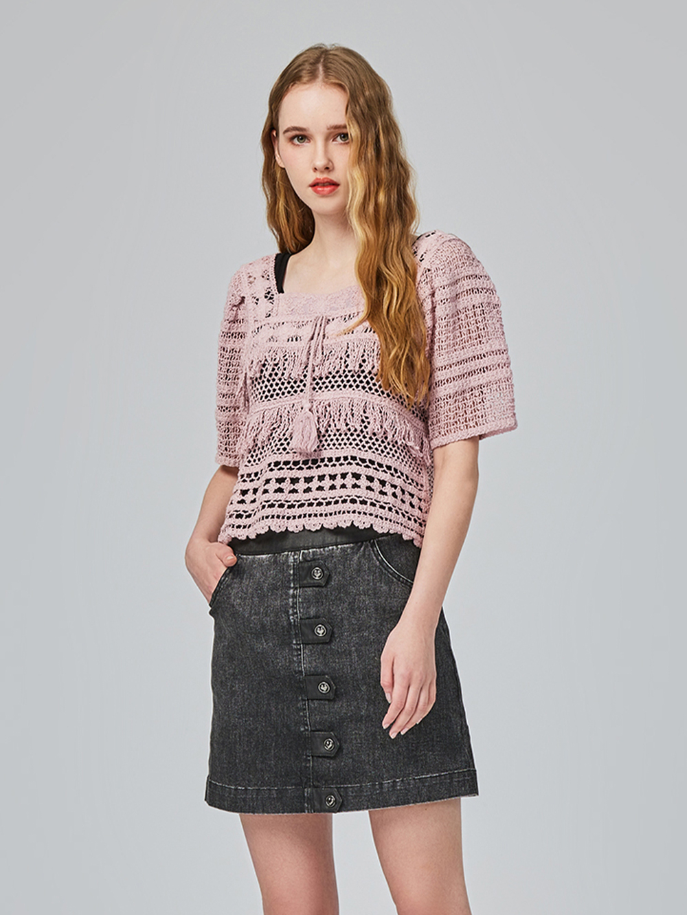 abito緹花蕾絲方領上衣