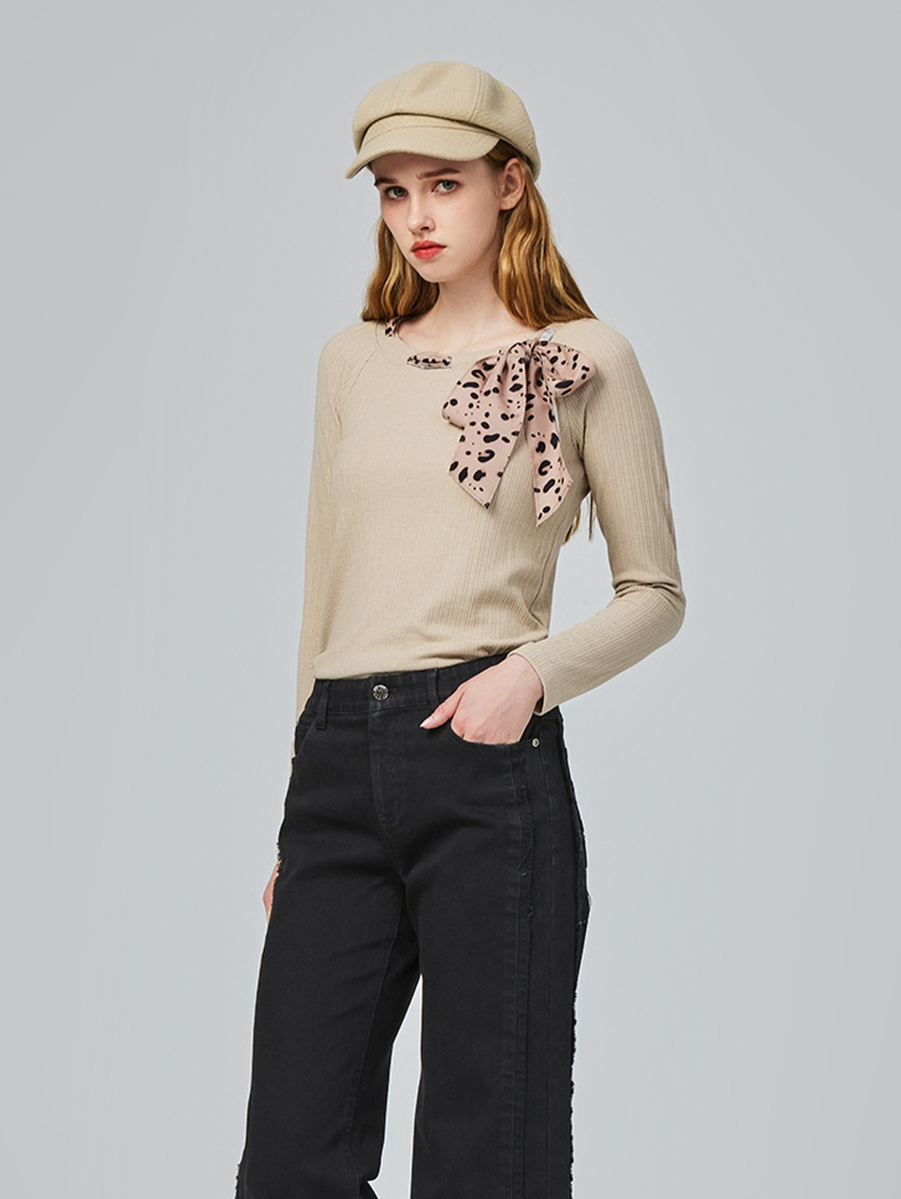 abito豹紋緞帶上衣