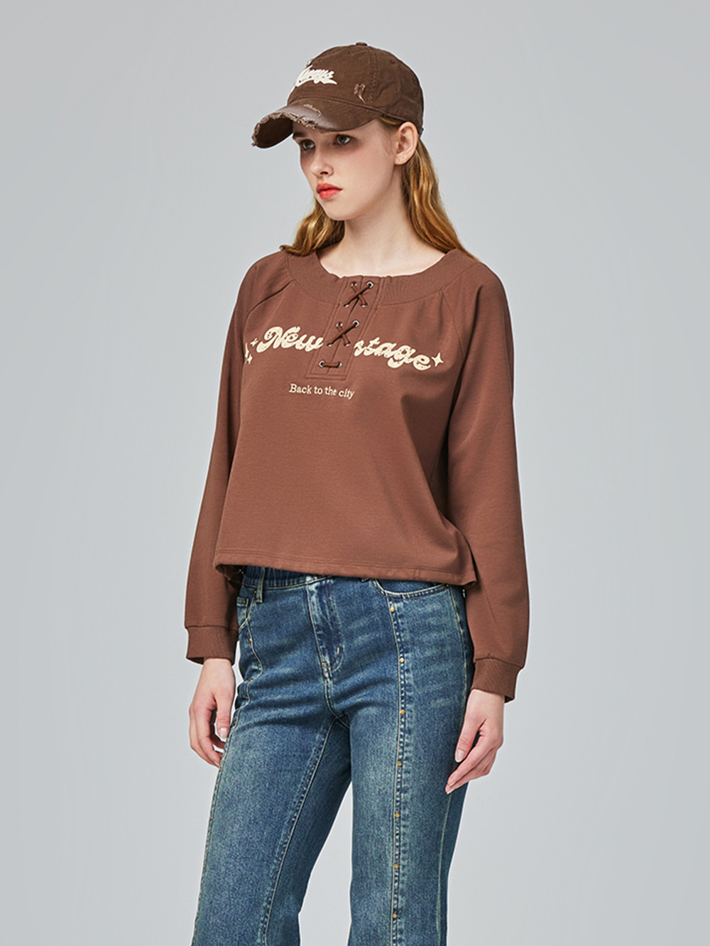 abito復古印字交叉綁繩上衣