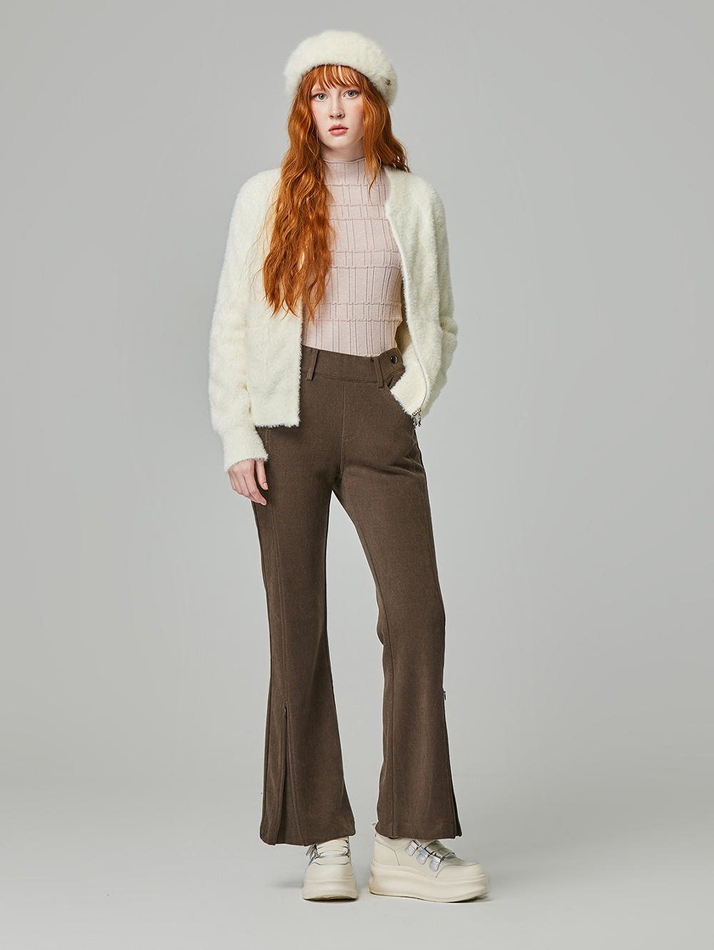 abito修身側開拉鍊微喇叭長褲