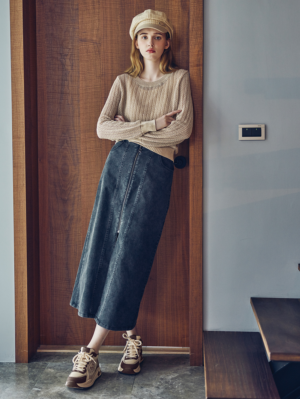 abito牛仔水洗棉拼接窄裙