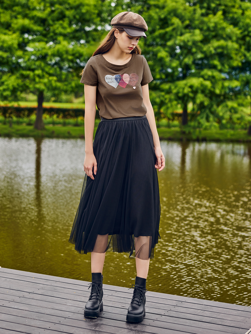 abito氣質鬆緊腰頭雙層紗裙