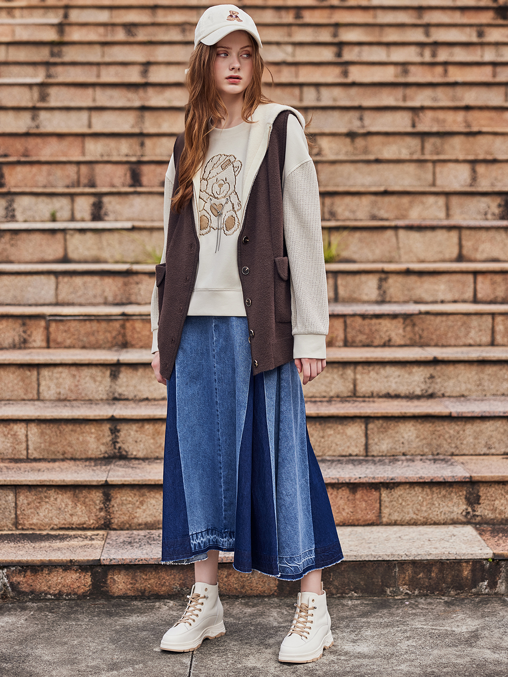 abito棉質拼接牛仔長裙