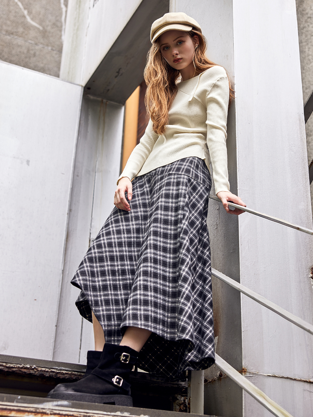 abito氣質格紋不規則裙襬長裙