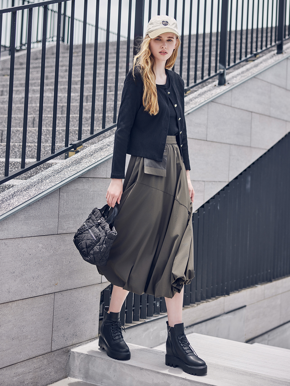 abito網布拼接口袋長裙