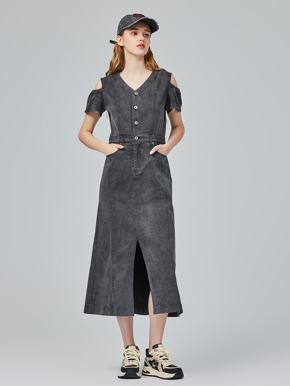 abito甜美荷葉邊牛仔連身裙