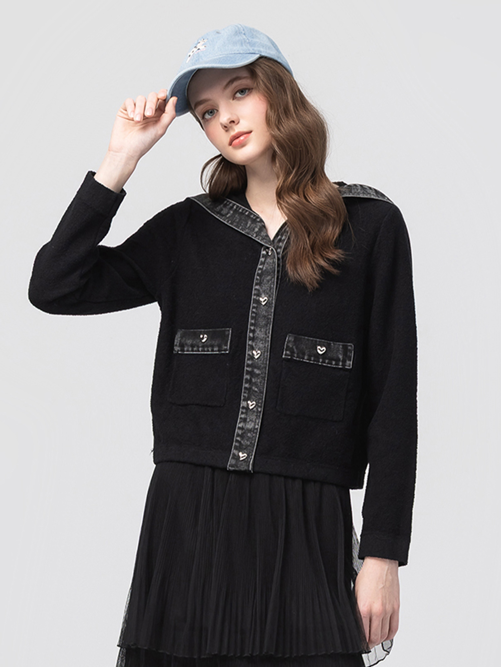 abito牛仔拼接針織外套