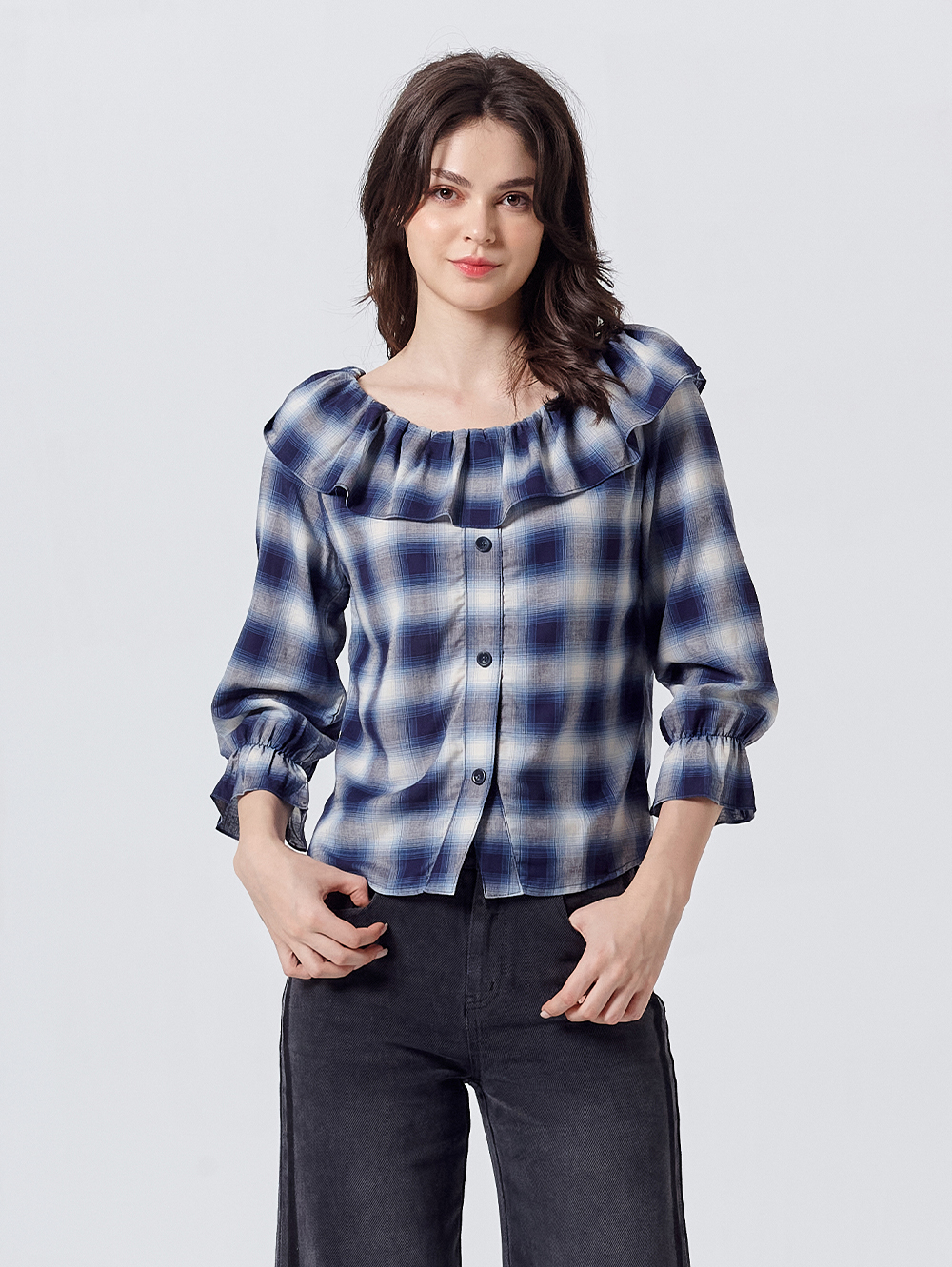 DITA荷葉領格紋襯衫