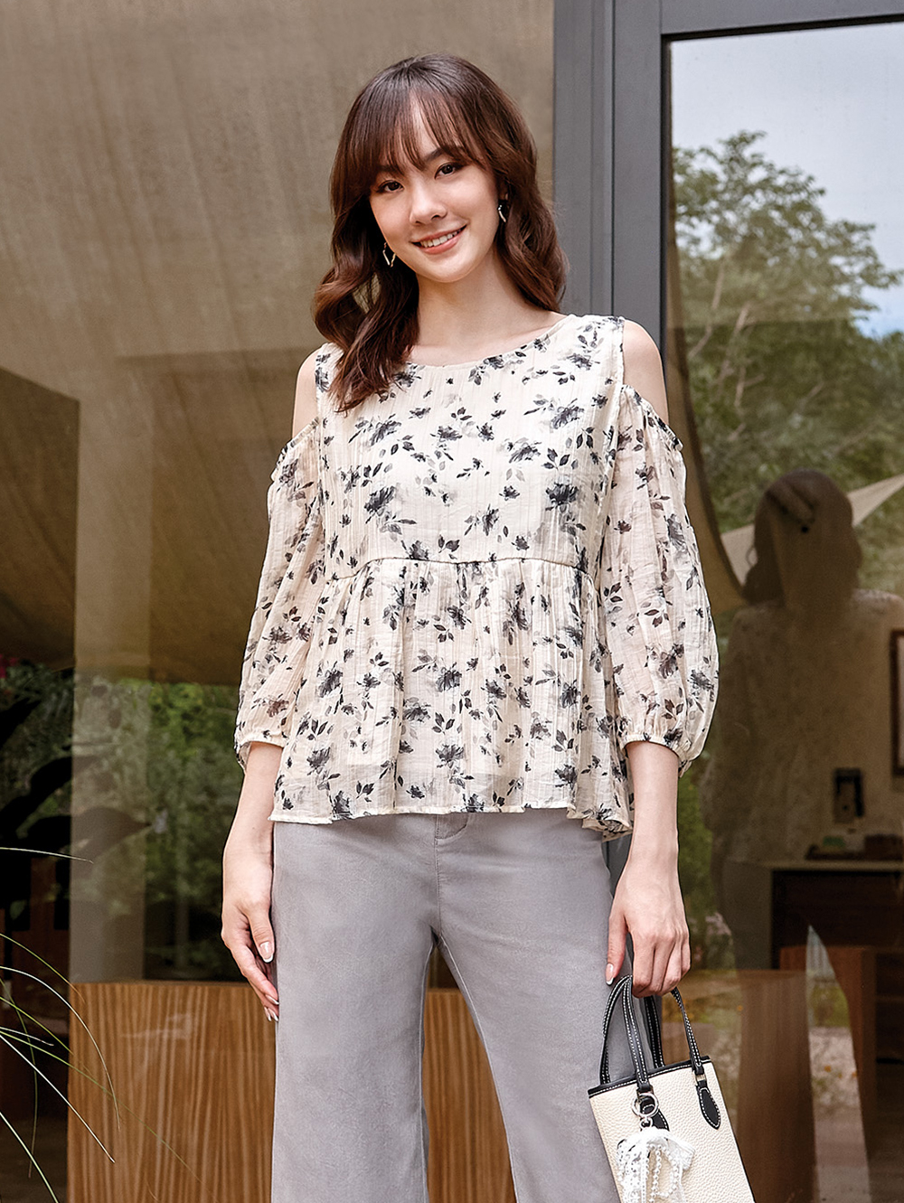 DITA法式植物印花抽皺上衣