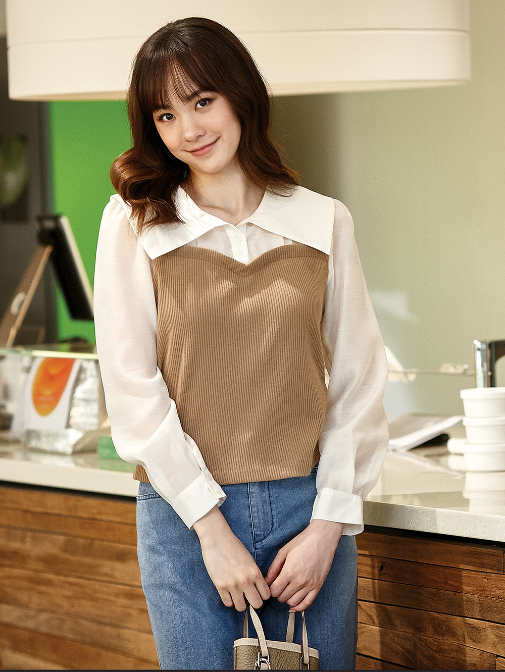 DITA大寬領拼接馬甲襯衫