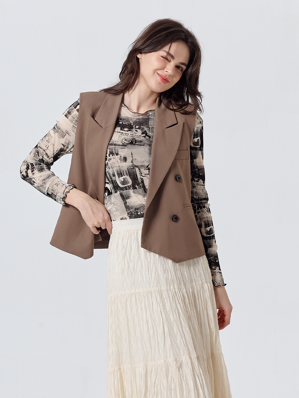 DITA個性印花修身內搭上衣(附背心)