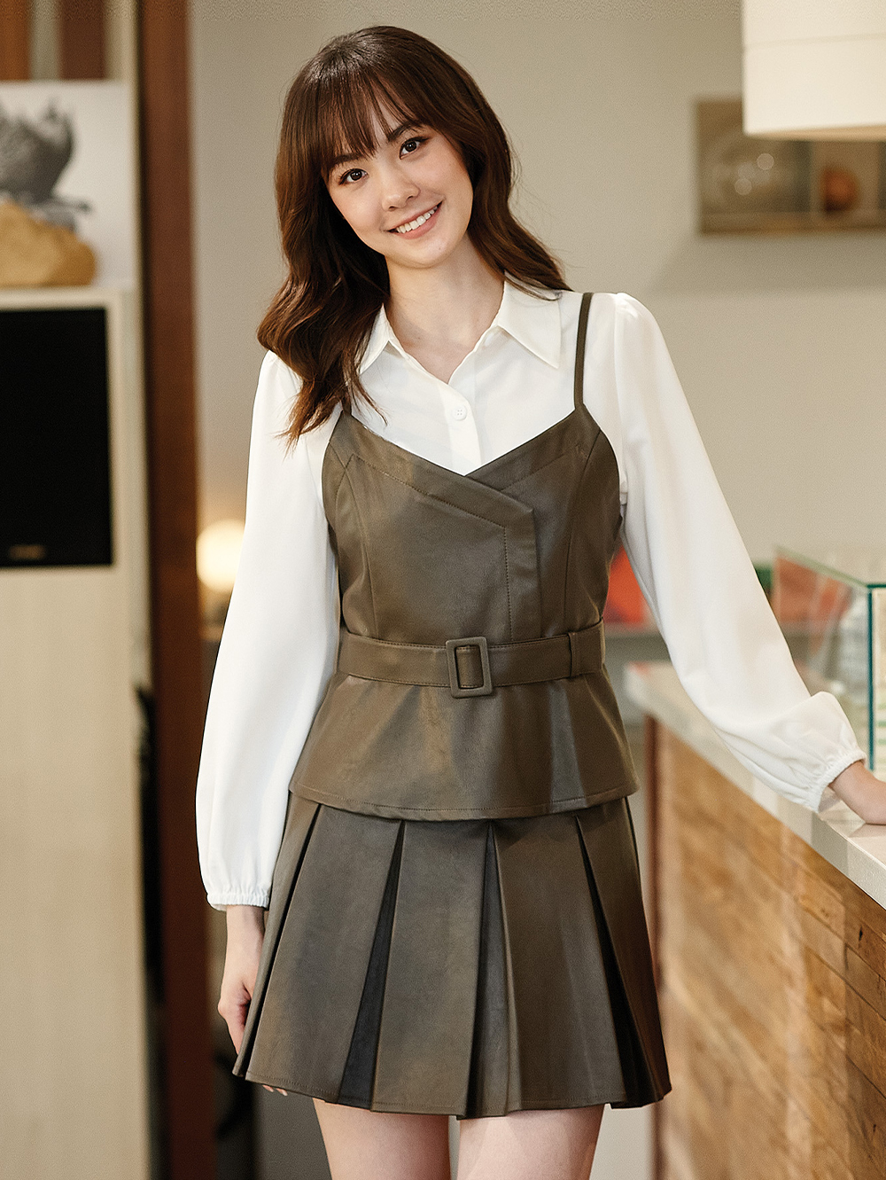 DITA韓妞皮革百褶短裙