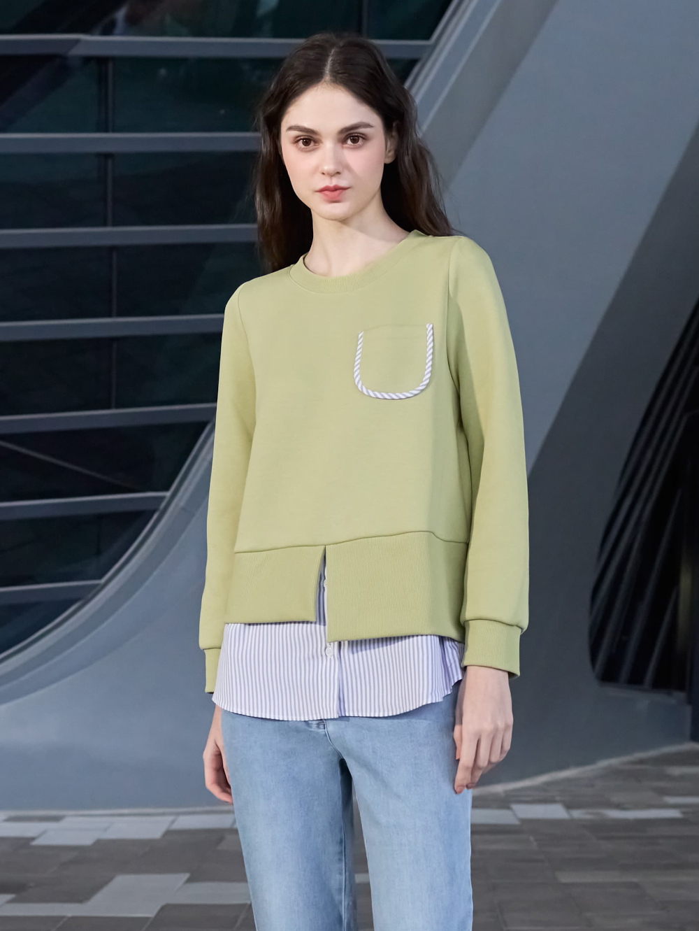 JOAN條紋拼接假兩件式中長T恤