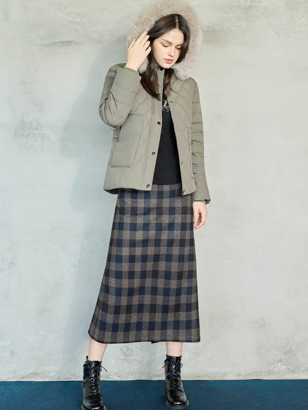 JOAN格紋緹花彈性鉛筆裙