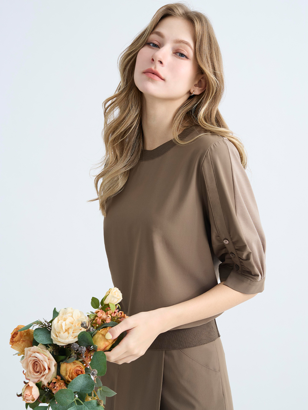 JOAN彈性拼接抽皺五分袖上衣