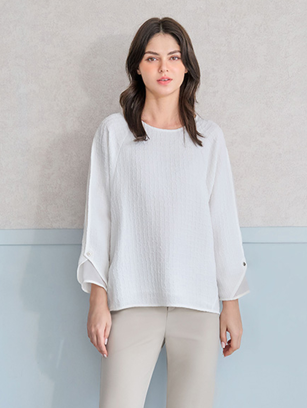 JOAN肌理格紋雪紡拼接造型袖上衣