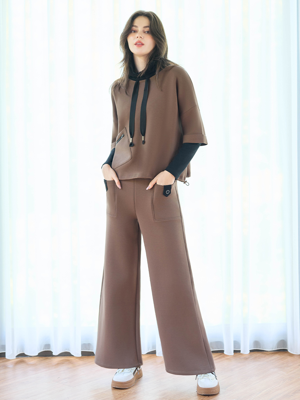 JOAN高彈舒適配色寬版長褲