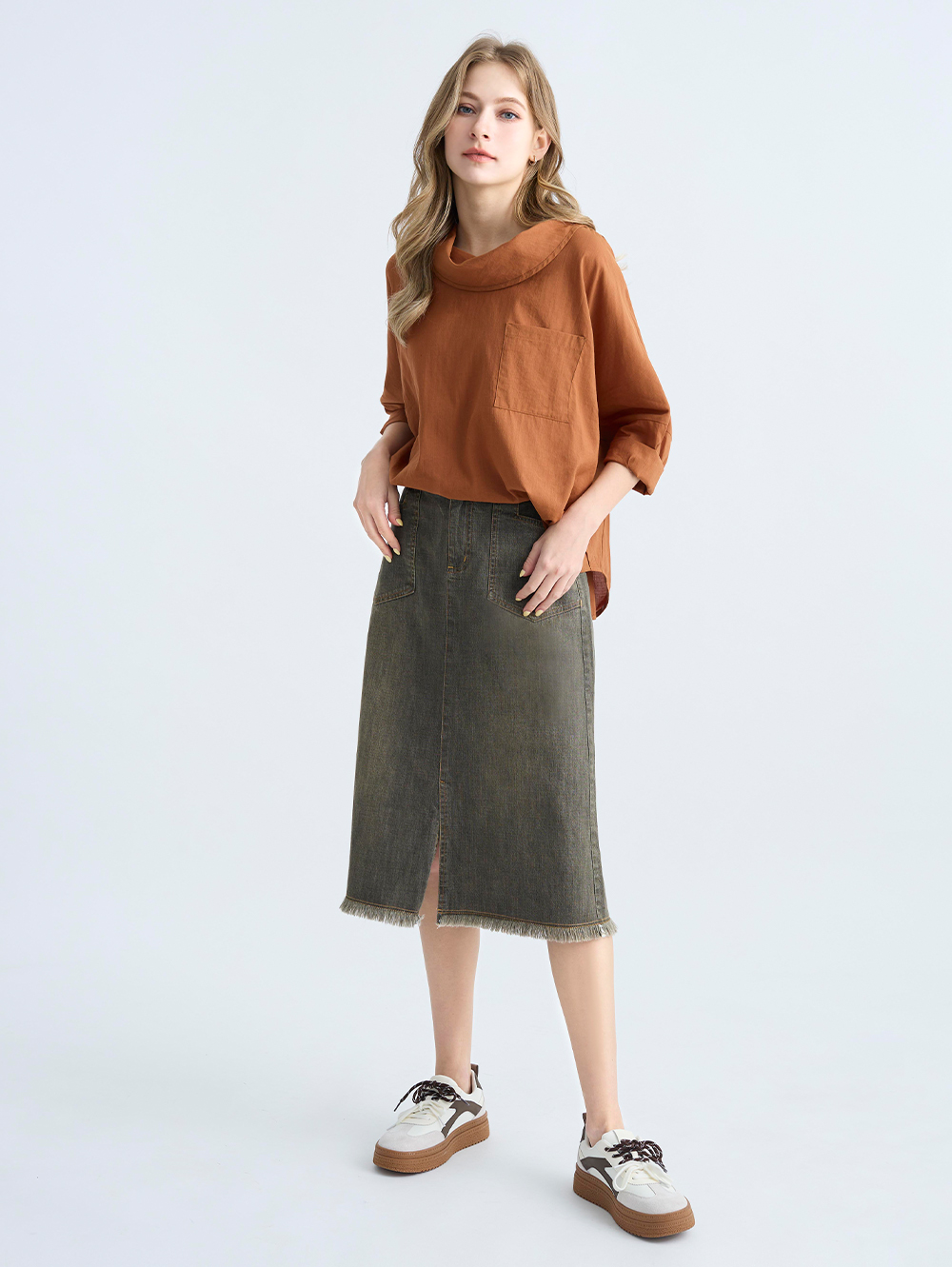 JOAN前開岔膝下牛仔裙