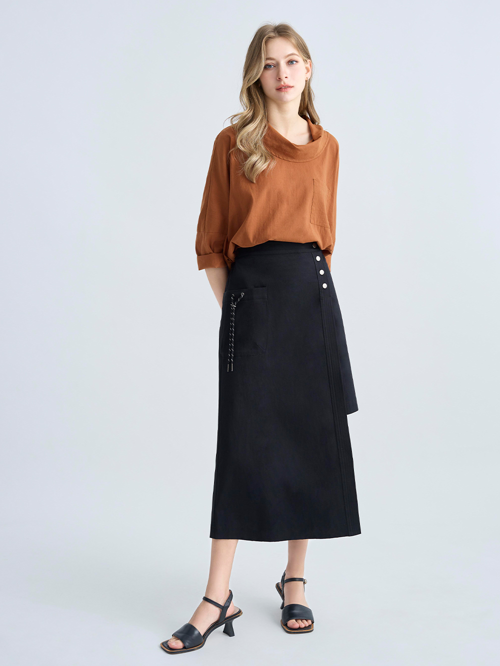 JOAN俐落修身不對襯彈性鉛筆裙