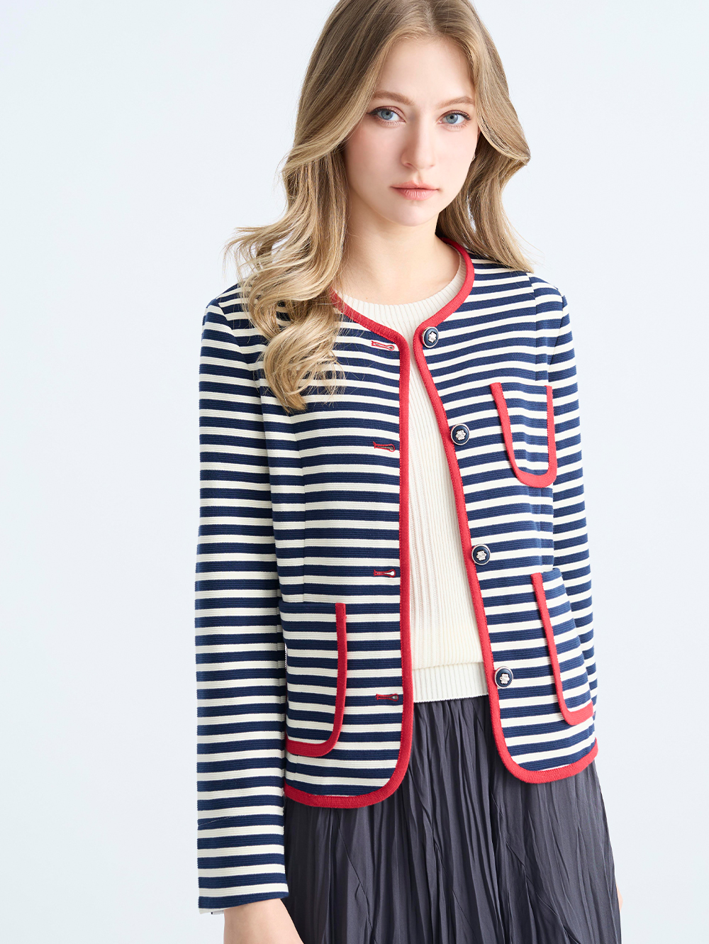 JOAN可拆領彈性組織面條紋外套