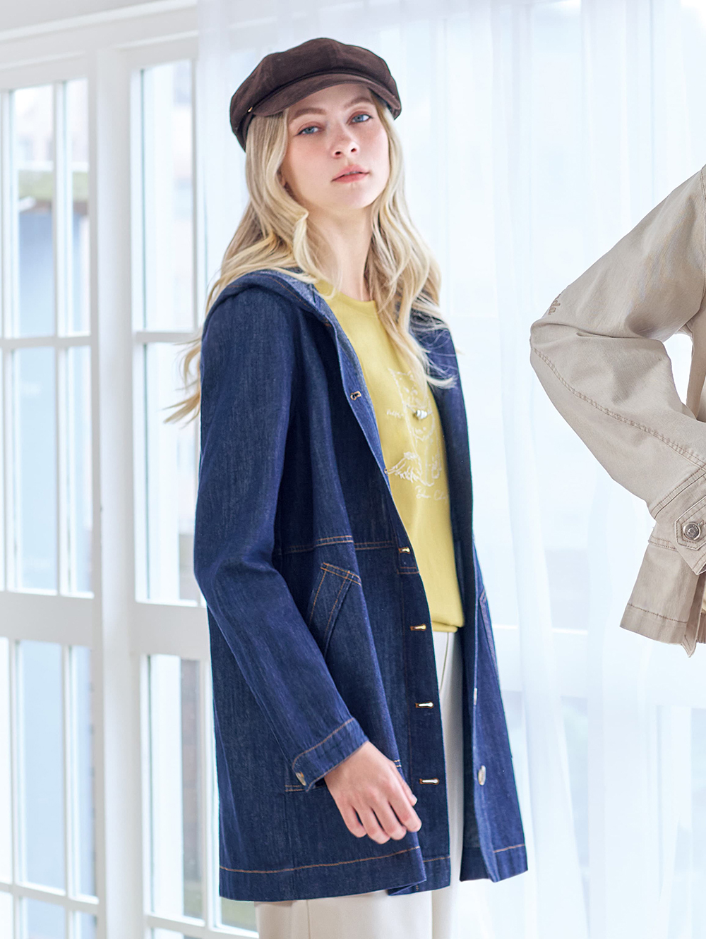 JOAN文青感中長版連帽牛仔襯衫