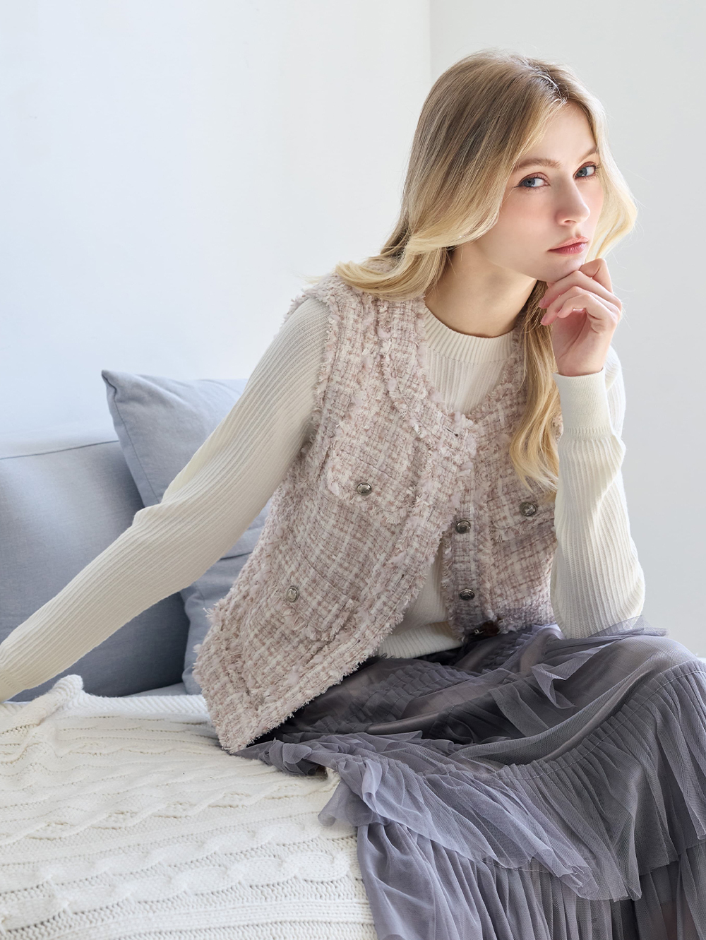 JOAN鈕釦條紋組織針織上衣