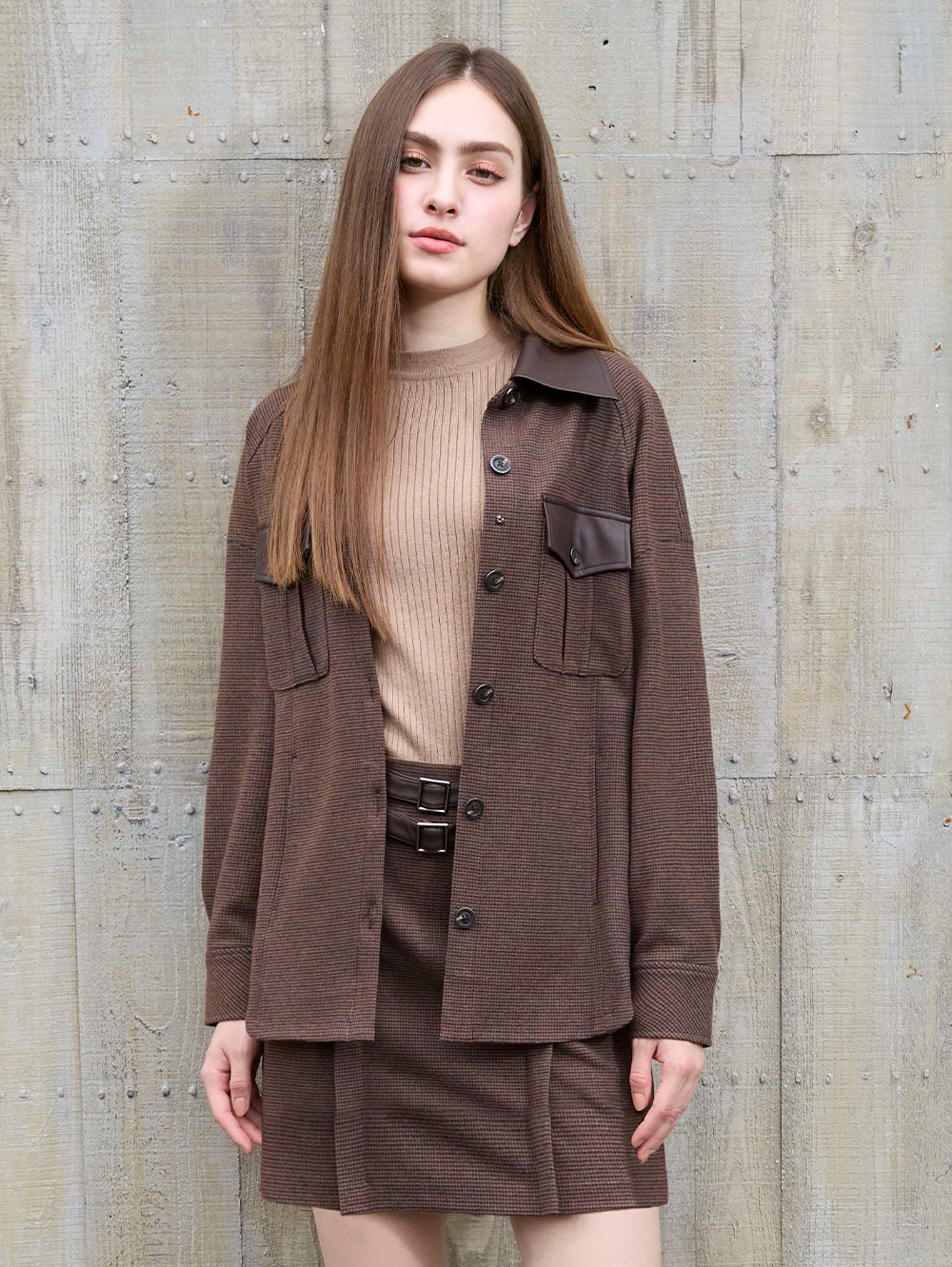 DENOVO雙皮帶細格紋A字短裙