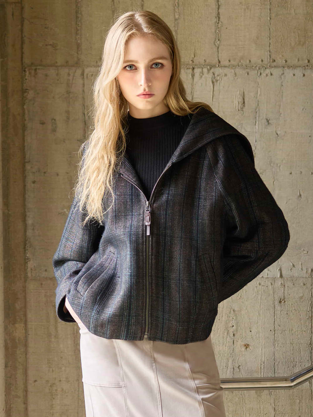 DENOVO大翻領拉鍊格紋外套