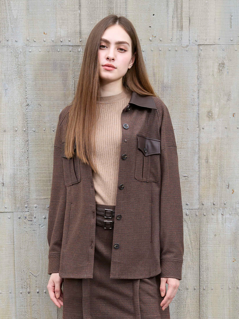 DENOVO仿皮革拼接口袋襯衫外套