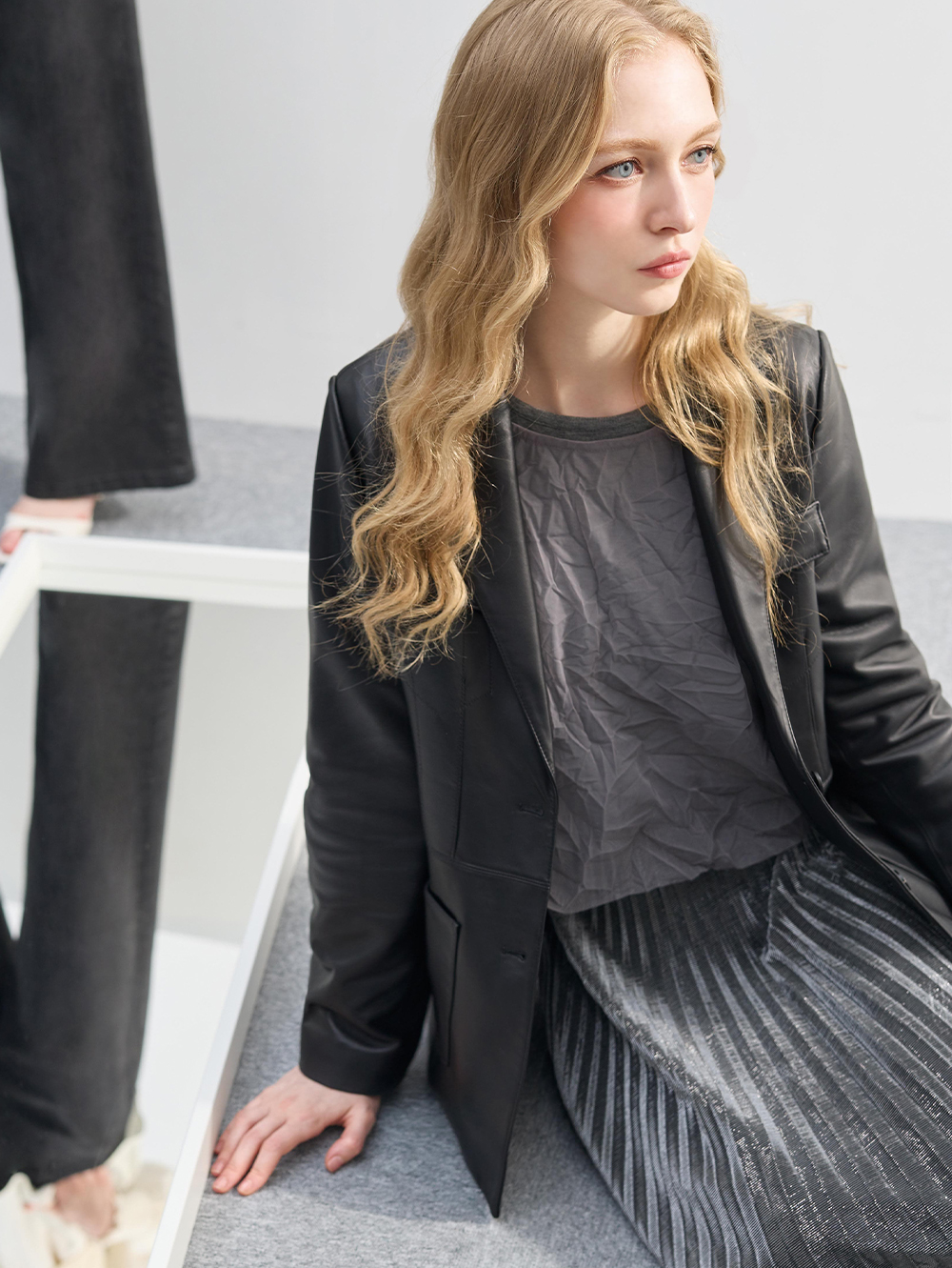 DENOVO透膚皺褶兩件式層次上衣