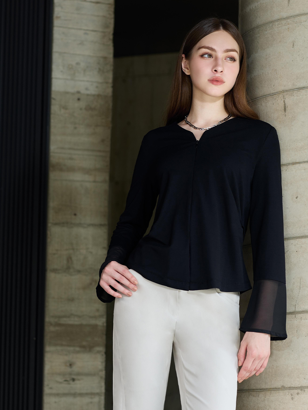 DENOVO雪紡拼接拉鍊彈性上衣