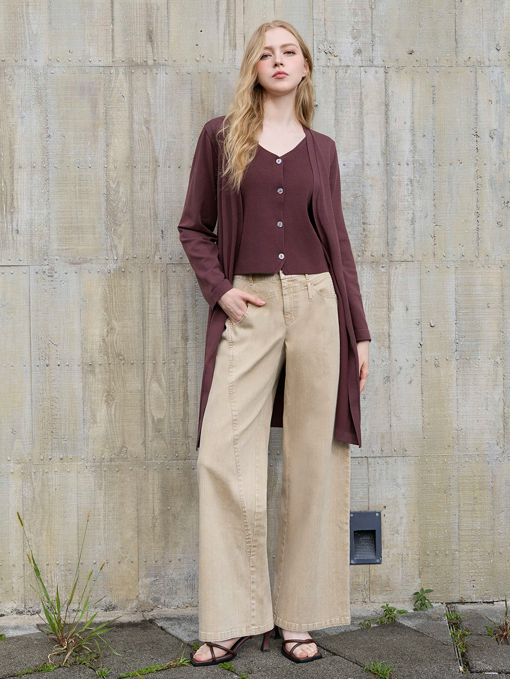 DENOVO斜切剪裁休閒直寬褲