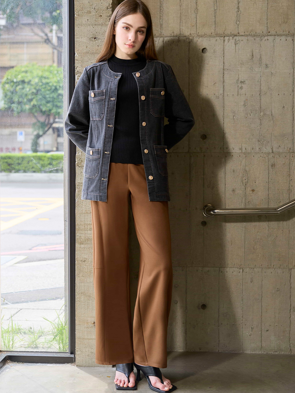 DENOVO立體線條彈力彎刀褲