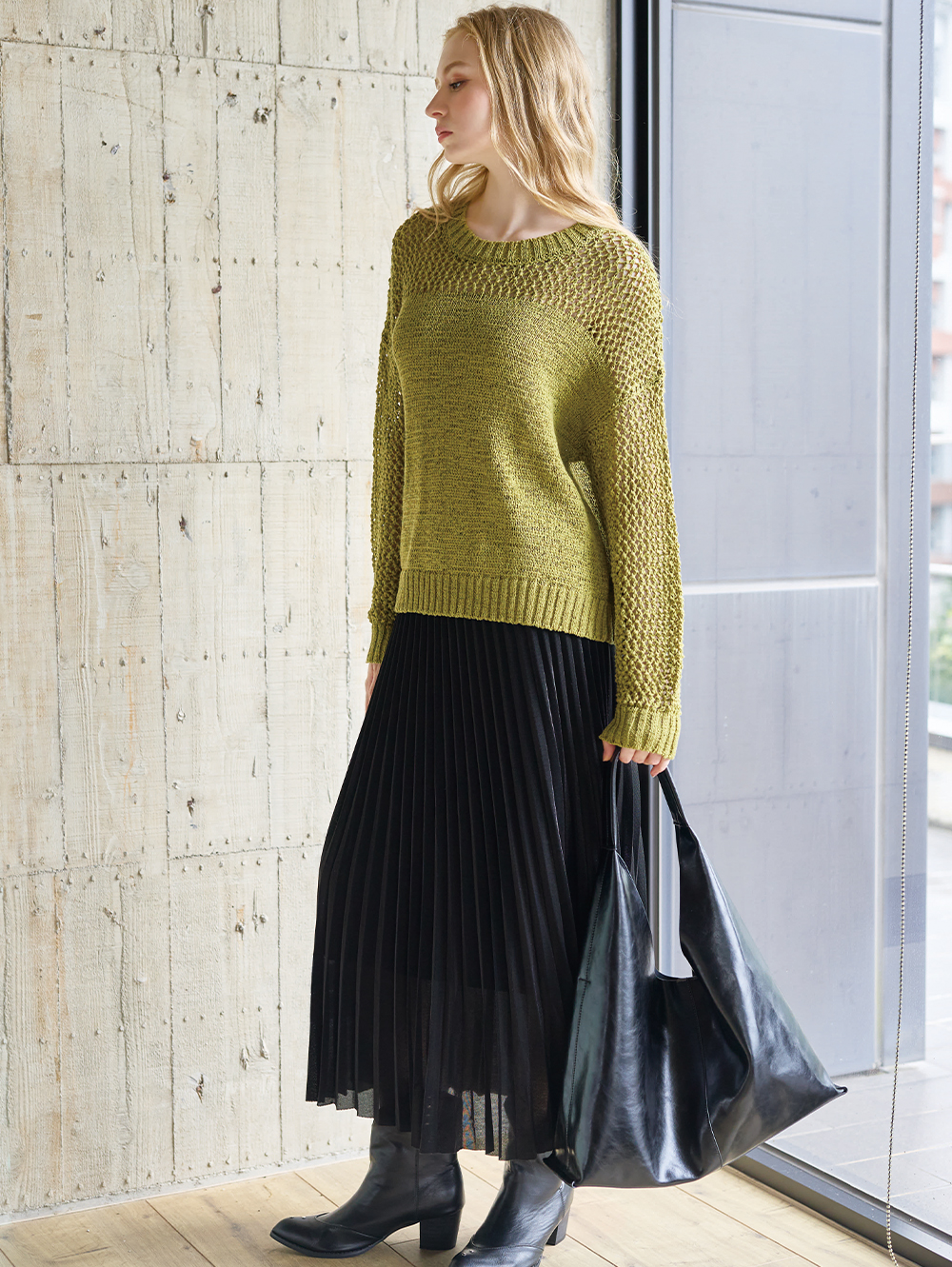 DENOVO金屬光澤壓褶中長裙