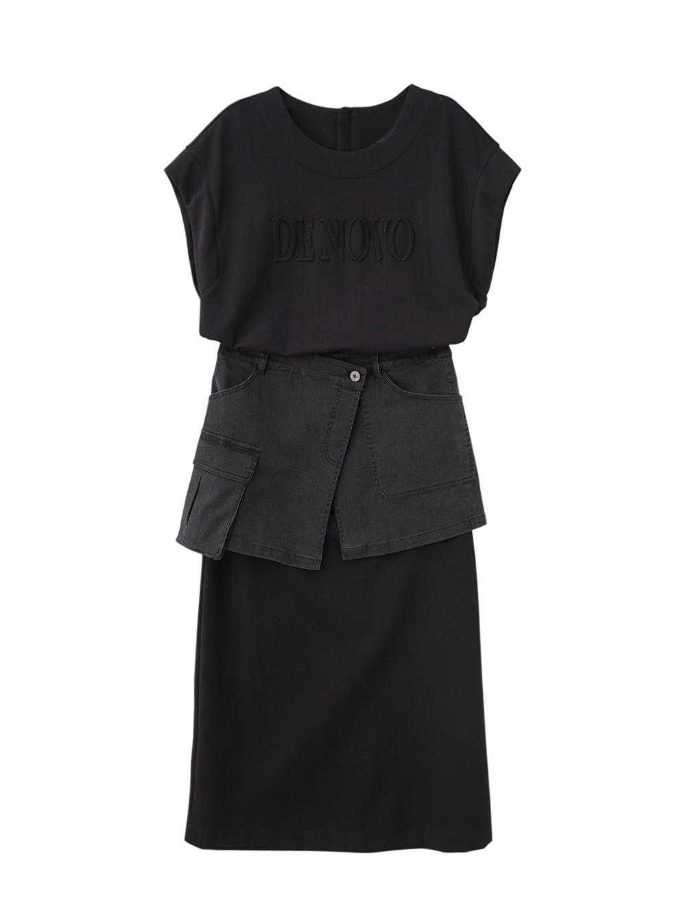 DE NOVO牛仔腰封鋼印標語彈性洋裝