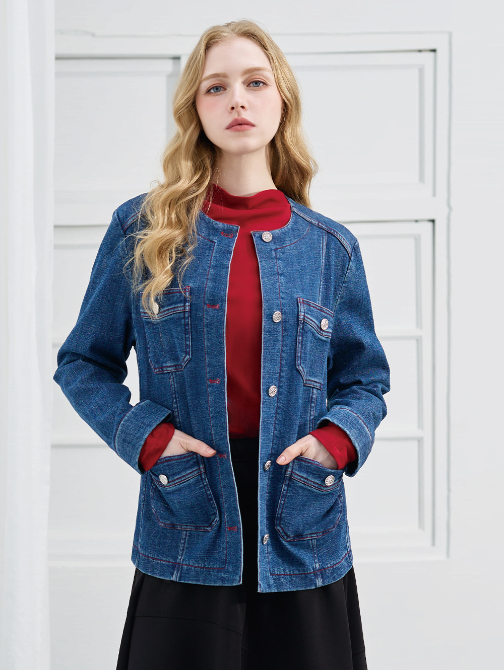 DENOVO輕磨毛口袋造型中長版牛仔外套