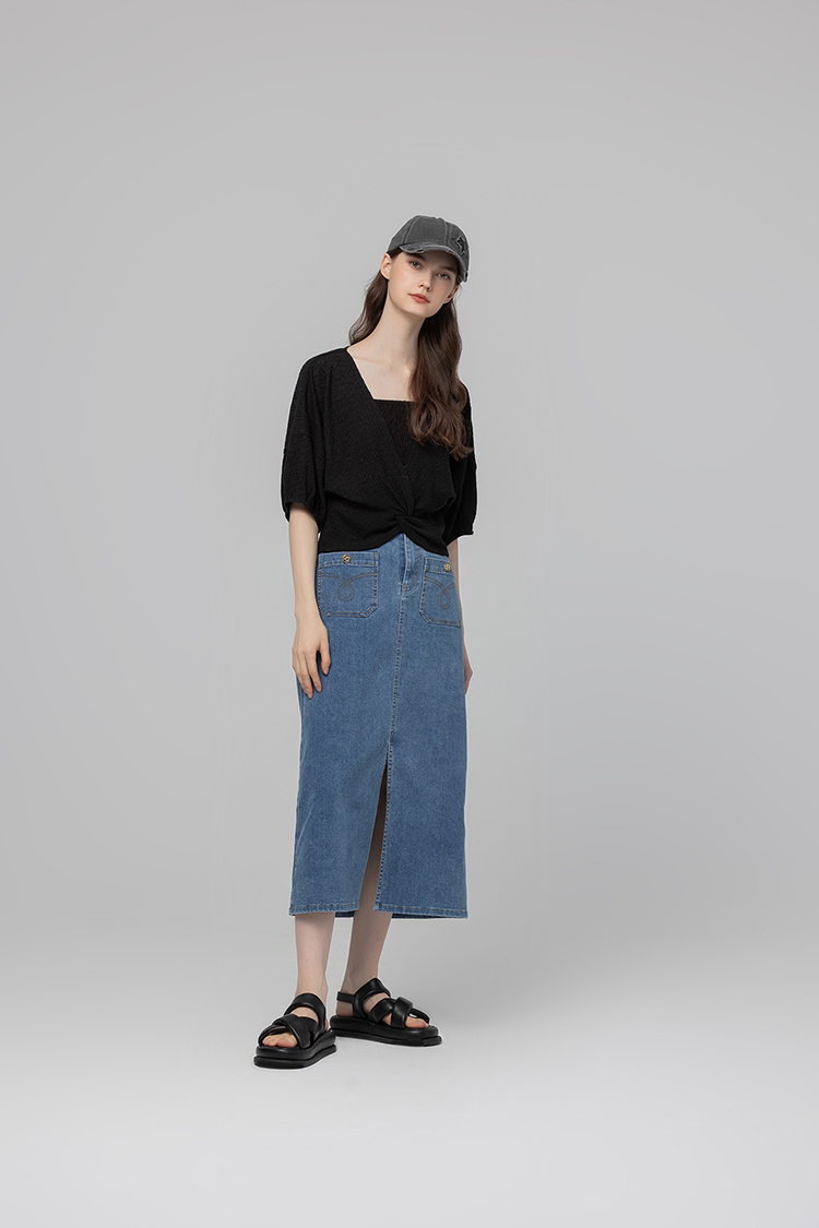 abito扭結澎袖上衣彈性背心SET