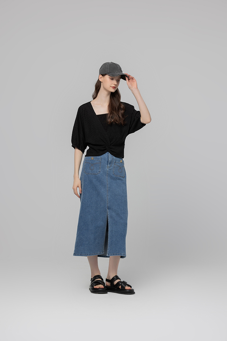 abito扭結澎袖上衣彈性背心SET