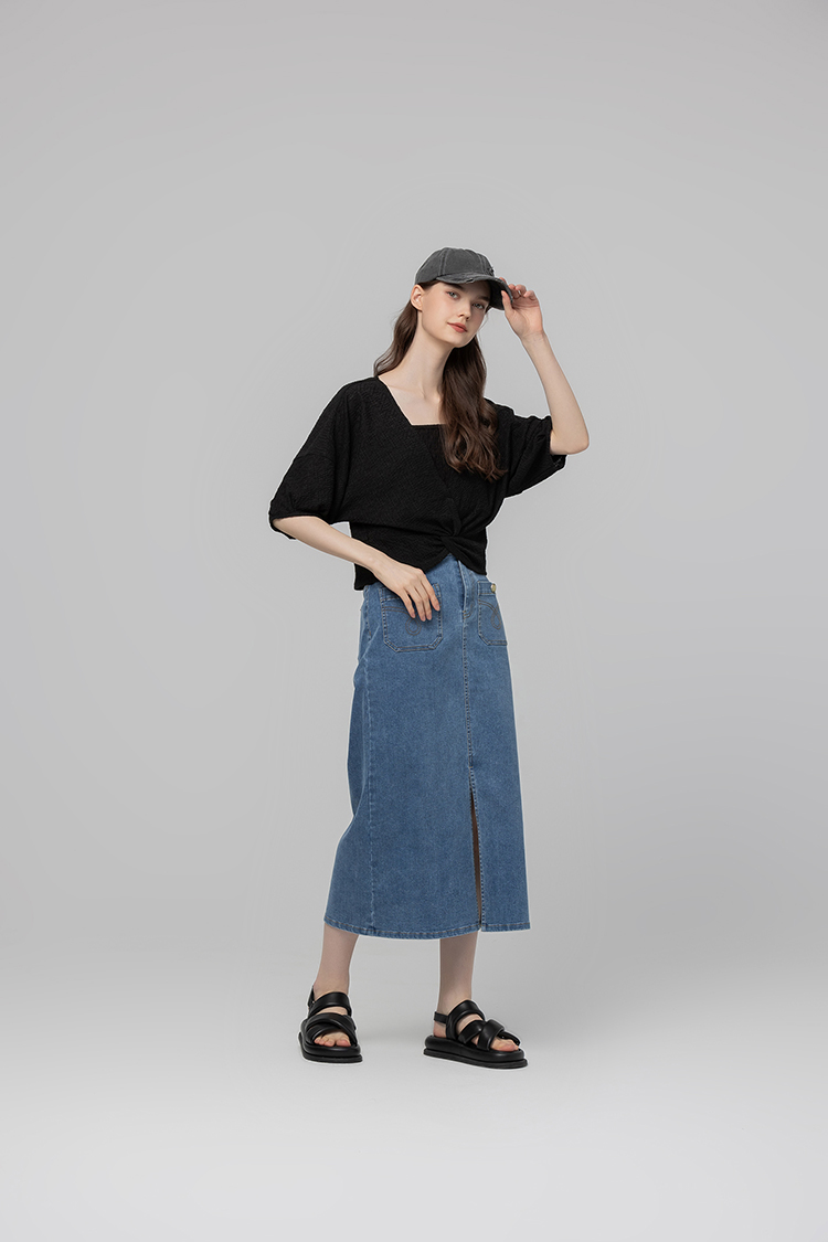 abito扭結澎袖上衣彈性背心SET