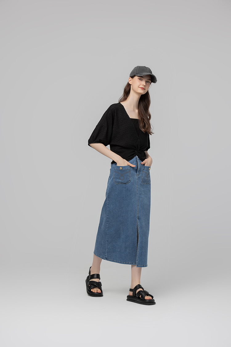 abito扭結澎袖上衣彈性背心SET