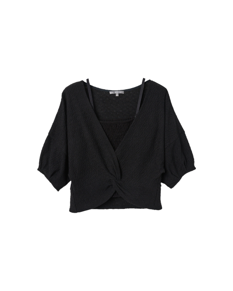 abito扭結澎袖上衣彈性背心SET