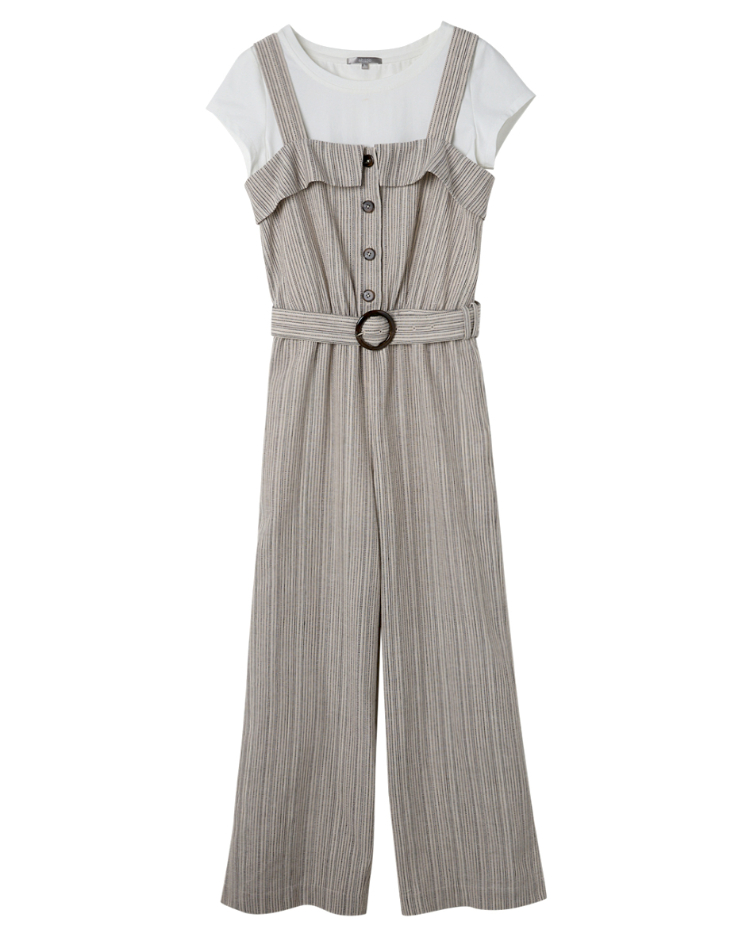 abito腰帶直紋吊帶褲