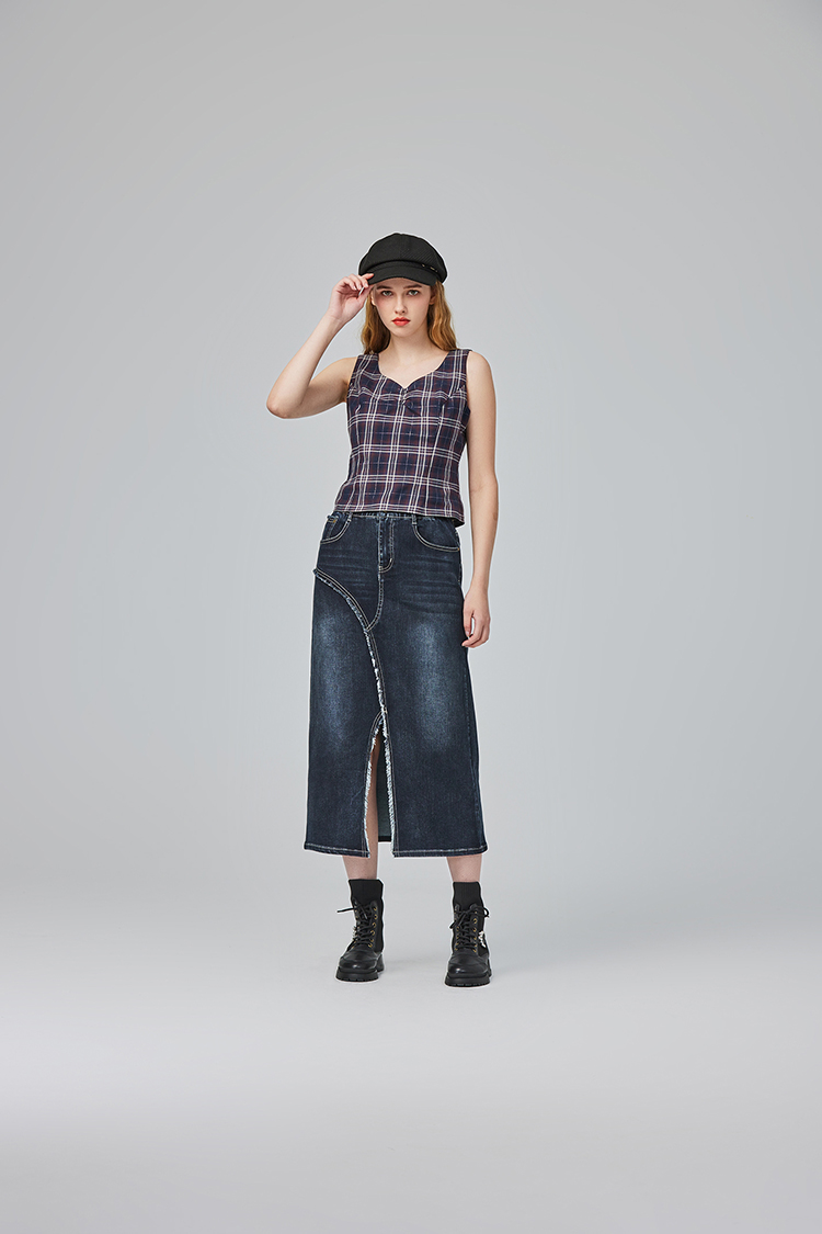 abito造型斜邊抽鬚牛仔裙