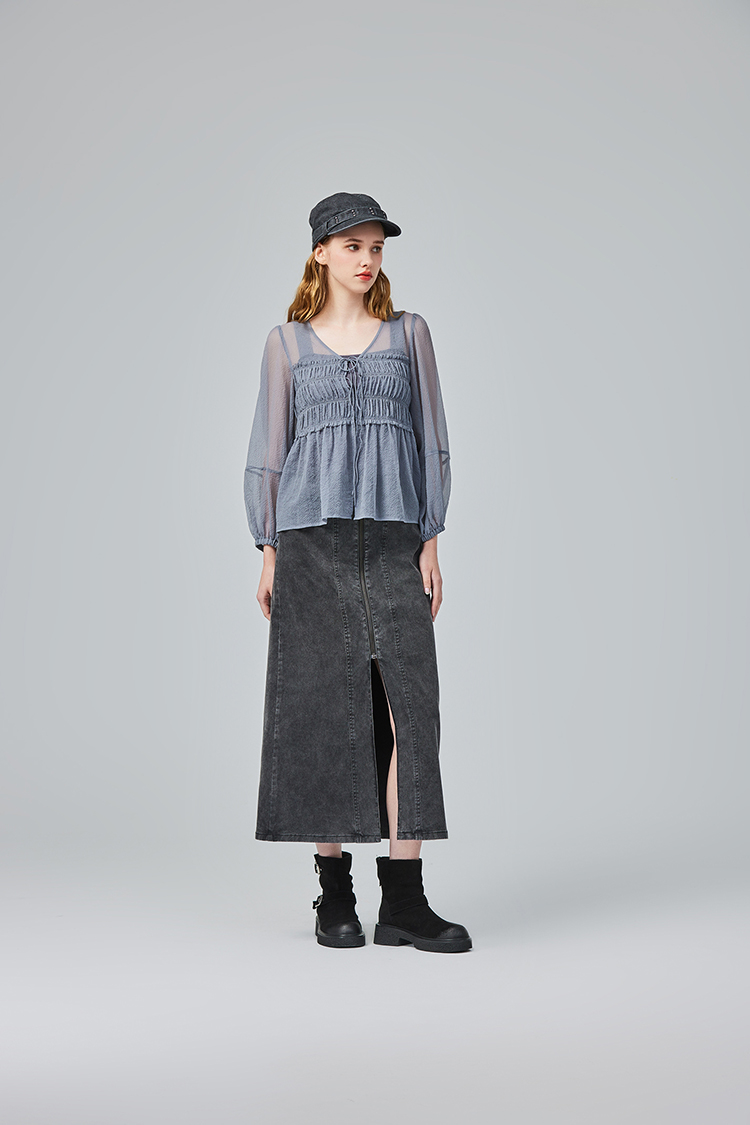 abito牛仔水洗棉拼接窄裙