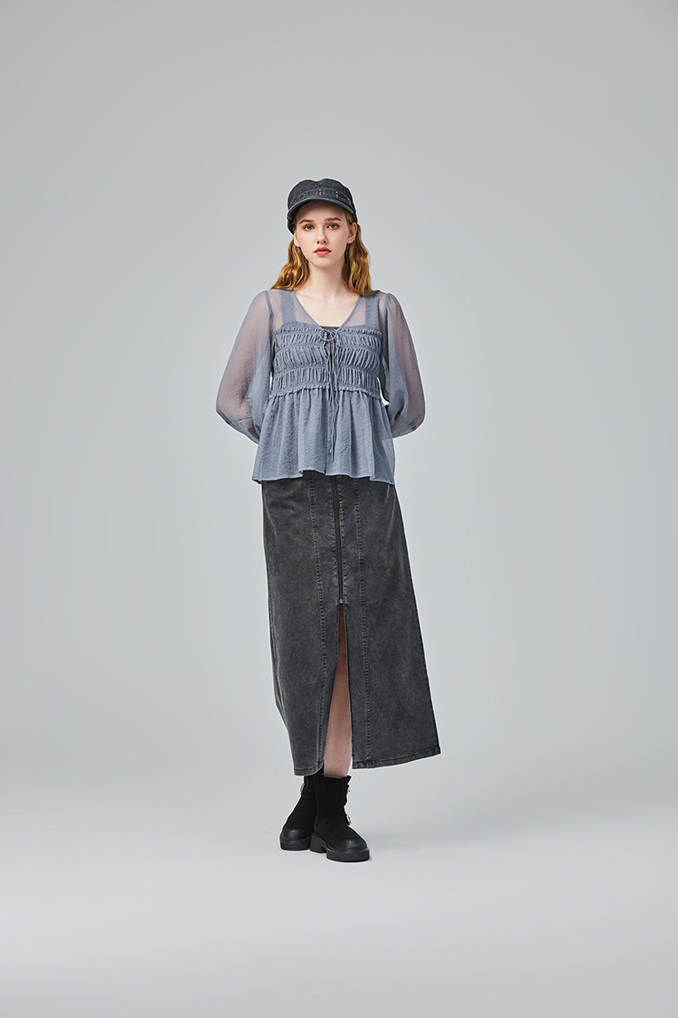 abito牛仔水洗棉拼接窄裙