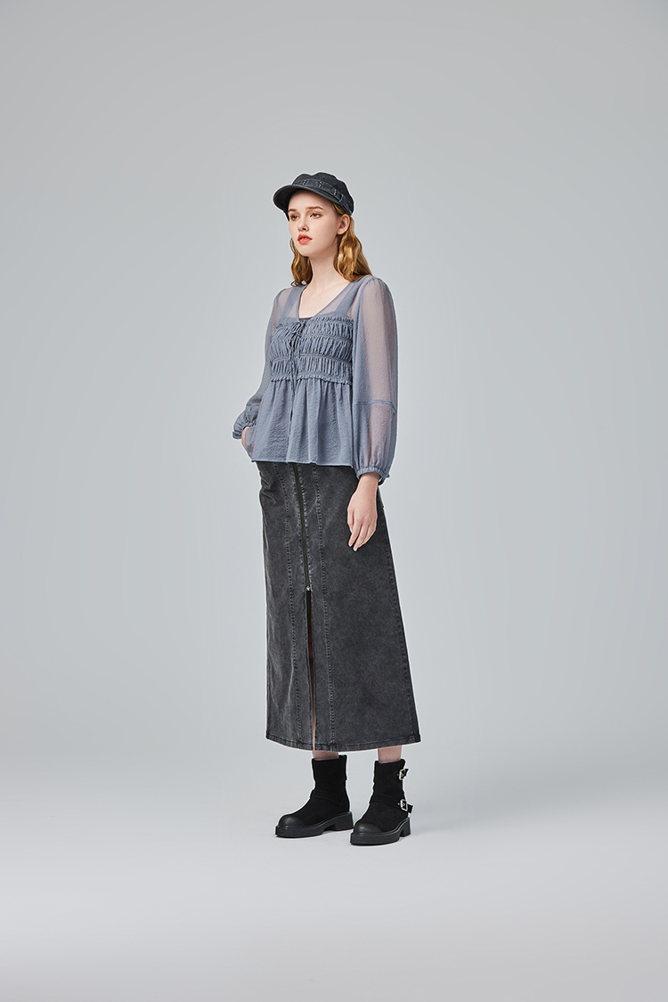 abito牛仔水洗棉拼接窄裙